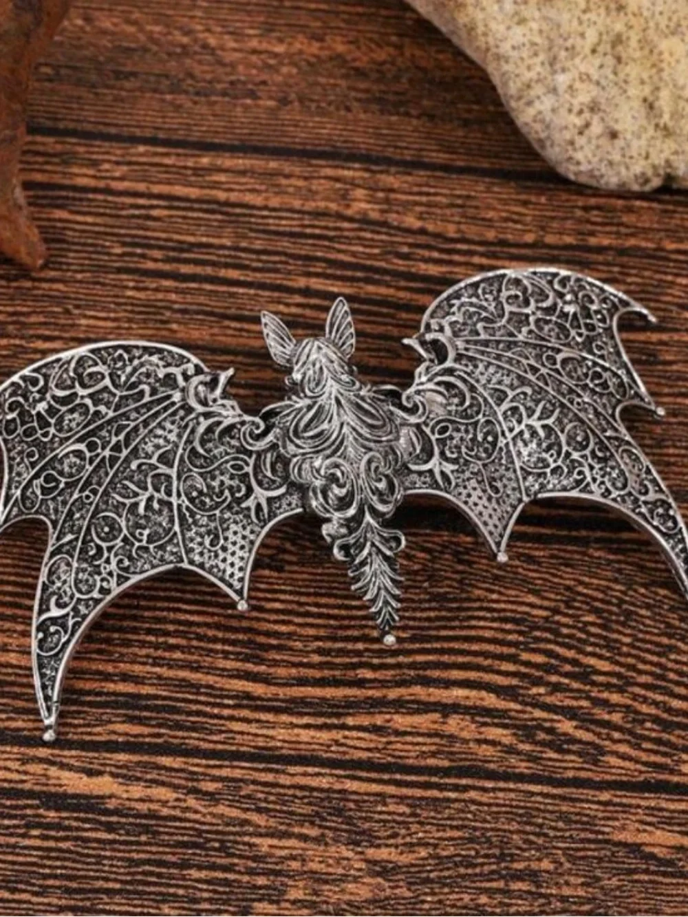 Gothic Elegant Ornate Bat Wing Metal Hair Clip Silver color Engraved details NWT